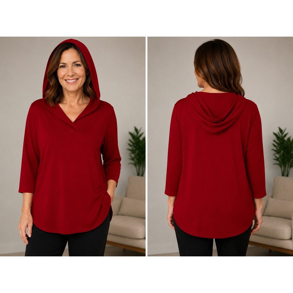 Misook Red Knit Hoodie 3/4 Sleeve V-Neck Tunic Top Medium M